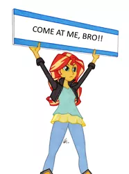 Size: 950x1278 | Tagged: safe, artist:manly man, derpibooru import, edit, sunset shimmer, equestria girls, clothes, come at me bro, exploitable meme, female, jacket, leather jacket, meme, pants, sign, simple background, solo, sunset's board, white background