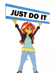 Size: 950x1278 | Tagged: safe, artist:manly man, derpibooru import, edit, sunset shimmer, equestria girls, clothes, colored pencil drawing, exploitable meme, female, jacket, just do it, leather jacket, meme, pants, sign, simple background, solo, sunset's board, traditional art, white background