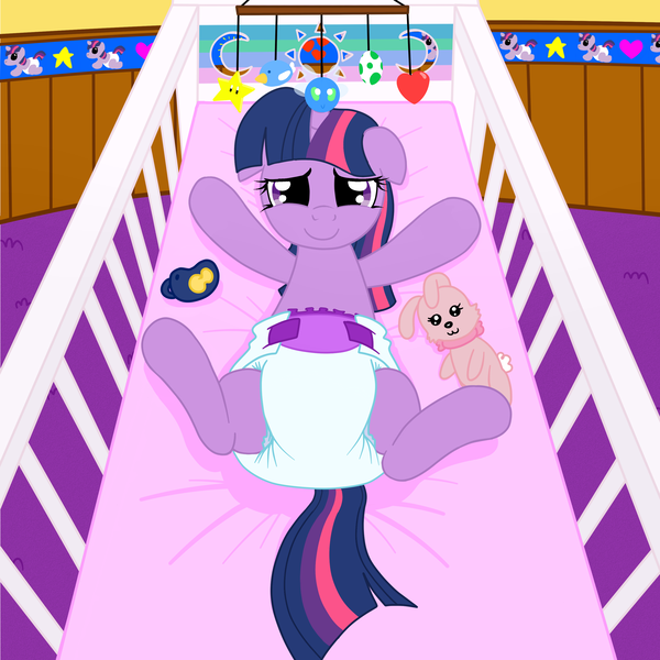 Size: 3000x3000 | Tagged: questionable, artist:fillyscoots42, derpibooru import, edit, edited edit, editor:hodgepodgedl, twilight sparkle, pony, adult foal, binky, crib, cute, diaper, diaper fetish, fetish, floppy ears, happy, looking at you, pacifier, plushie, poofy diaper, smiling, solo, super crinkle pony adventure 64, thread