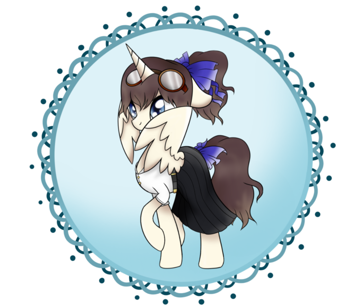 Size: 1024x866 | Tagged: safe, artist:bonsia-lucky, derpibooru import, oc, unofficial characters only, alicorn, pony, alicorn oc, bow, clothes, female, goggles, hair bow, mare, requested art, simple background, solo, transparent background
