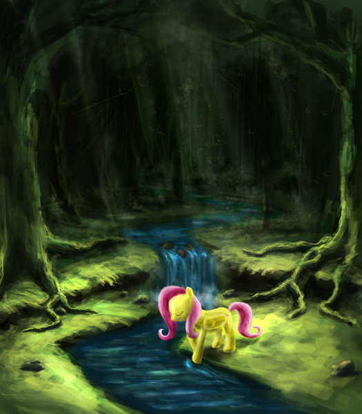 Size: 3500x4000 | Tagged: safe, artist:ifoldbooks, derpibooru import, fluttershy, pegasus, pony, crepuscular rays, everfree forest, eyes closed, female, folded wings, forest, mare, river, scenery, solo, stream