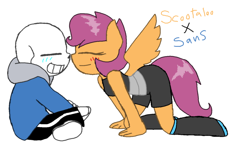 Size: 1263x817 | Tagged: safe, artist:synnibear03, derpibooru import, scootaloo, oc, oc:ponytale scootaloo, oc:scootaloo loves sans, anthro, comic:ponytale, blushing, crack shipping, crossover, crossover shipping, female, male, sans (undertale), scootaloo loves sans, scootasans, shipping, straight, undertale