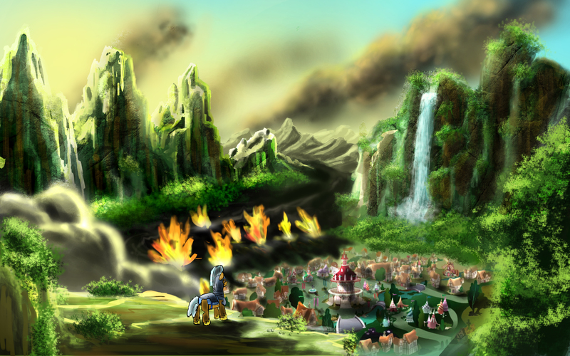 Size: 4000x2500 | Tagged: semi-grimdark, artist:ifoldbooks, derpibooru import, pony, fire, mountain, mountain range, ponyville, royal guard, scenery, solo, war, waterfall