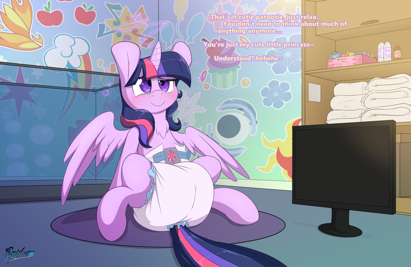 Size: 3000x1950 | Tagged: questionable, artist:fluffyxai, derpibooru import, edit, editor:hodgepodgedl, twilight sparkle, twilight sparkle (alicorn), alicorn, pony, 4chan, chest fluff, clean diaper, dialogue, diaper, diaper fetish, female, fetish, hypnosis, image, mental regression, monitor, nursery, png, poofy diaper, screen, sitting, solo, solo female