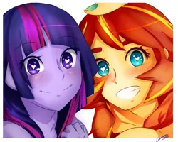 Size: 1125x900 | Tagged: safe, artist:cronavongorgon, derpibooru import, sunset shimmer, twilight sparkle, equestria girls, cute, duo, female, grin, heart, heart eyes, lesbian, looking at you, nail polish, selfie, shimmerbetes, shipping, smiling, sunsetsparkle, twiabetes, wingding eyes
