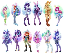 Size: 4520x3840 | Tagged: suggestive, artist:ambris, derpibooru import, applejack, fluttershy, pinkie pie, princess cadance, princess celestia, princess luna, rainbow dash, rarity, sci-twi, starlight glimmer, sunset shimmer, trixie, twilight sparkle, art pack:an equestrian easter, equestria girls, absurd resolution, an equestrian easter, armpits, art pack, ass, big breasts, boots, breasts, bunny ears, bunny girl, bunny suit, bunnylestia, busty applejack, busty pinkie pie, busty princess cadance, busty princess celestia, busty princess luna, busty rainbow dash, busty rarity, busty starlight glimmer, busty sunset shimmer, busty trixie, busty twilight sparkle, cleavage, clothes, cuffs (clothes), dean cadance, delicious flat chest, easter egg, female, females only, flattershy, flutterbutt, garter, glimmer glutes, heart, high heel boots, high heels, humane five, humane seven, humane six, leotard, line-up, magician outfit, moonbutt, pantyhose, principal celestia, rearity, simple background, socks, stockings, thigh boots, thigh highs, thong leotard, vice principal luna, wall of tags, wedgie, white background