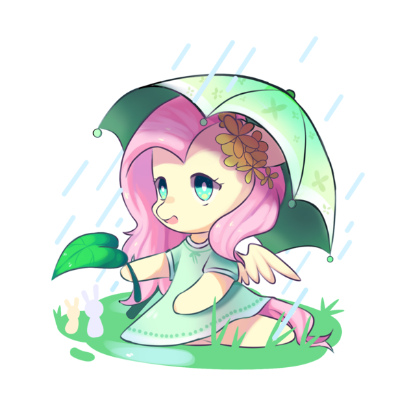 Size: 1515x1515 | Tagged: safe, artist:nitrogenowo, derpibooru import, fluttershy, pony, chibi, clothes, cute, dress, flower, flower in hair, leaf, rain, shyabetes, simple background, solo, transparent background, umbrella