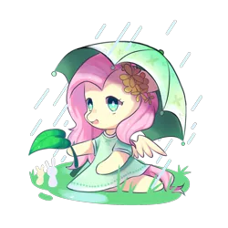 Size: 1515x1515 | Tagged: safe, artist:nitrogenowo, derpibooru import, fluttershy, pony, chibi, clothes, cute, dress, flower, flower in hair, leaf, rain, shyabetes, simple background, solo, transparent background, umbrella