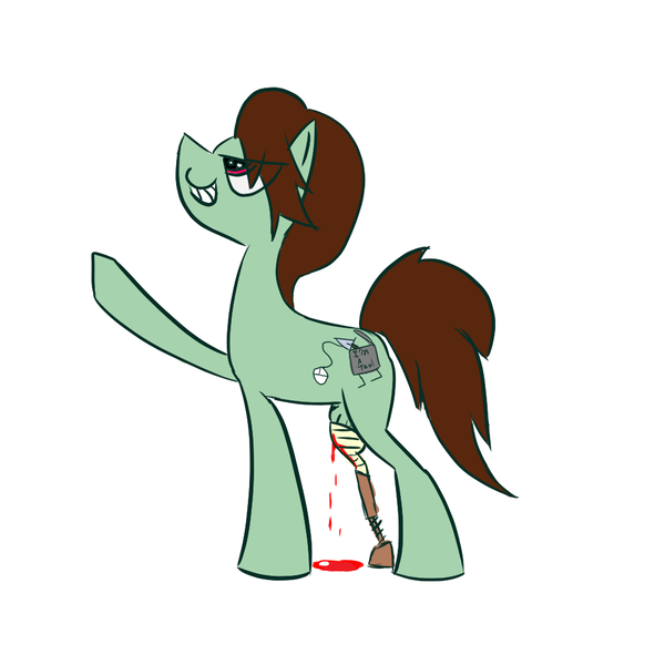 Size: 1000x1000 | Tagged: semi-grimdark, artist:rigamortis_man, derpibooru import, oc, oc:deathblade nintendo switch cheeky nandos, unofficial characters only, earth pony, pony, amputation, amputee, bandage, blood, injured, misleading thumbnail, prosthetic limb, prosthetics, solo, three legged