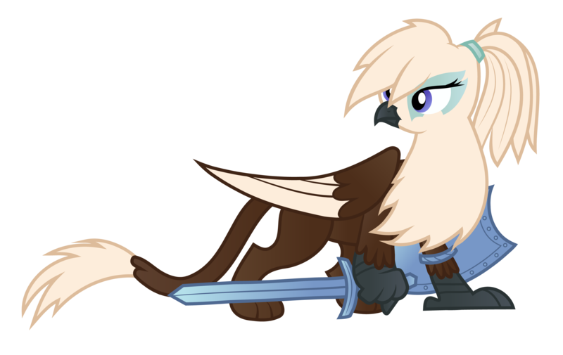 Size: 3000x1895 | Tagged: safe, artist:rish--loo, derpibooru import, oc, oc:gwynn, unofficial characters only, gryphon, feather, female, griffon oc, ponytail, shield, simple background, solo, sword, transparent background, vector, weapon, wings