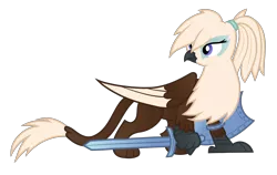 Size: 3000x1895 | Tagged: safe, artist:rish--loo, derpibooru import, oc, oc:gwynn, unofficial characters only, gryphon, feather, female, griffon oc, ponytail, shield, simple background, solo, sword, transparent background, vector, weapon, wings