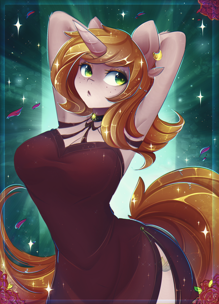 Size: 1800x2500 | Tagged: safe, alternate version, artist:koveliana, derpibooru import, oc, oc:debra rose, unofficial characters only, anthro, unicorn, anthro oc, arm behind head, armpits, breasts, clothes, commission, dress, ear piercing, earring, female, freckles, jewelry, mare, piercing, solo, ych result