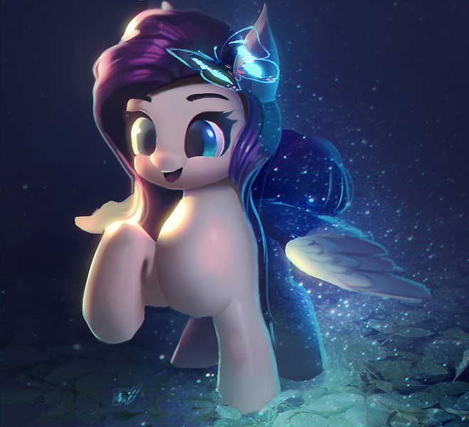 Size: 1972x1795 | Tagged: safe, artist:lmgchikess, derpibooru import, fluttershy, butterfly, pegasus, pony, cute, female, leaf, magic, mare, raised hoof, shyabetes, smiling, solo, water