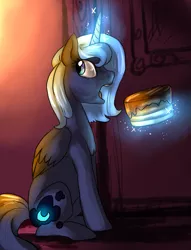 Size: 1215x1590 | Tagged: dead source, safe, artist:not-ordinary-pony, derpibooru import, princess luna, alicorn, pony, cake, dessert, female, food, levitation, magic, mare, s1 luna, sitting, solo, telekinesis