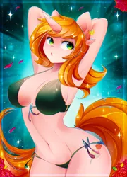 Size: 1800x2500 | Tagged: suggestive, alternate version, artist:koveliana, derpibooru import, oc, oc:debra rose, unofficial characters only, anthro, unicorn, anthro oc, arm behind head, armpits, belly button, bikini, breasts, clothes, commission, ear piercing, earring, female, freckles, jewelry, piercing, solo, solo female, swimsuit, ych result