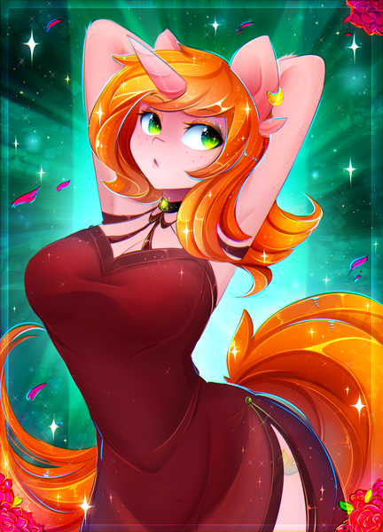 Size: 1800x2500 | Tagged: safe, alternate version, artist:koveliana, derpibooru import, oc, oc:debra rose, unofficial characters only, anthro, unicorn, anthro oc, arm behind head, armpits, breasts, clothes, commission, dress, ear piercing, earring, female, freckles, jewelry, piercing, solo, ych result