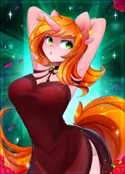 Size: 1800x2500 | Tagged: safe, alternate version, artist:koveliana, derpibooru import, oc, oc:debra rose, unofficial characters only, anthro, unicorn, anthro oc, arm behind head, armpits, breasts, clothes, commission, dress, ear piercing, earring, female, freckles, jewelry, piercing, solo, ych result