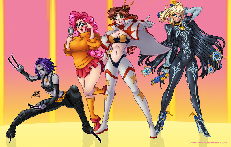 Size: 1565x1000 | Tagged: adorasexy, artist:darkereve, bayonetta, breasts, busty pinkie pie, clothes, commission, cosplay, costume, crossover, cute, derpibooru import, diapinkes, female, females only, group, human, humanized, kino makoto, metroid, pinkie pie, raven (teen titans), sailor moon, samus aran, scooby doo, sexy, skirt, skirt lift, smiling, suggestive, teen titans, tengen toppa gurren lagann, thighs, velma dinkley, x-23, yoko littner