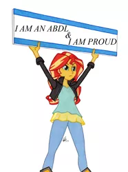 Size: 950x1278 | Tagged: safe, artist:manly man, derpibooru import, edit, sunset shimmer, equestria girls, abdl, colored pencil drawing, exploitable meme, female, meme, mouthpiece, protest, sign, simple background, solo, sunset's board, traditional art, white background