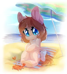 Size: 1300x1428 | Tagged: safe, artist:vallionshad, derpibooru import, oc, unofficial characters only, crab, pony, beach, beach blanket, blue eyes, bow, cute, female, mare, ocbetes, solo, tail bow, umbrella, water