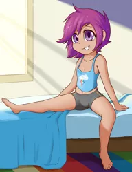 Size: 2000x2600 | Tagged: artist:fearingfun, barefoot, bed, belly button, clothes, colored pupils, cute, cutealoo, dead source, derpibooru import, fangs, feet, female, freckles, human, humanized, rug, safe, scootaloo, shorts, sitting, smiling, solo, tanktop, window