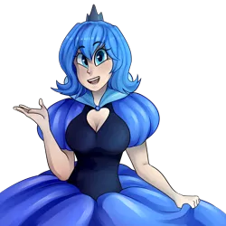 Size: 2000x2000 | Tagged: artist:goshhhh, breasts, busty princess luna, cleavage, clothes, curtsey, cute, derpibooru import, dress, female, human, humanized, lunabetes, luna of atlantis, princess, princess luna, safe, shiny, simple background, smiling, solo, transparent background
