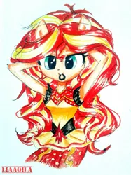 Size: 1390x1854 | Tagged: safe, artist:liaaqila, derpibooru import, sunset shimmer, dance magic, equestria girls, spoiler:eqg specials, armpits, cute, female, looking at you, ponied up, shimmerbetes, solo, traditional art