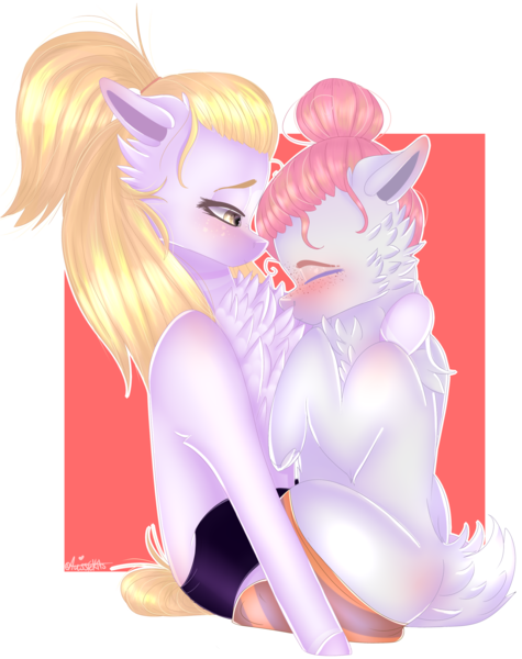 Size: 2148x2716 | Tagged: safe, artist:popcornhorns, derpibooru import, oc, oc:kira, oc:tsanaimi, unofficial characters only, earth pony, pony, blushing, chest fluff, clothes, female, high res, lesbian, mare, oc x oc, shipping, socks, striped socks