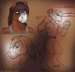 Size: 1146x1100 | Tagged: safe, artist:kaemantis, deleted from derpibooru, derpibooru import, trouble shoes, anthro, earth pony, horse, unguligrade anthro, abs, boxer, boxing, boxing gloves, clothes, male, muscles, scar, shirt, size comparison, solo, stallion