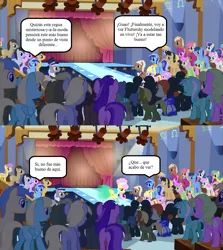 Size: 1025x1150 | Tagged: safe, derpibooru import, edit, edited screencap, screencap, amethyst star, berry punch, berryshine, blues, bon bon, caesar, caramel, cherry cola, cherry fizzy, cloud kicker, coco crusoe, count caesar, daisy, derpy hooves, dizzy twister, doctor whooves, elsie, flower wishes, fluttershy, goldengrape, herald, lemon hearts, lucky clover, lyra heartstrings, lyrica lilac, meadow song, merry may, midnight fun, minuette, noteworthy, orange swirl, parasol, picture frame (character), picture perfect, pretty vision, royal ribbon, sassaflash, sea swirl, seafoam, sealed scroll, sir colton vines iii, stella lashes, sunshower raindrops, sweetie drops, time turner, twinkleshine, pegasus, pony, green isn't your color, elise, female, mare, screencap comic, spanish, stella, translation