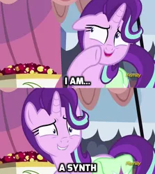 Size: 686x768 | Tagged: safe, derpibooru import, edit, edited screencap, screencap, starlight glimmer, pony, unicorn, rock solid friendship, caption, discovery family logo, exploitable meme, fallout, fallout 4, image macro, meme, starlight's confessions, synth, synth (fallout 4)