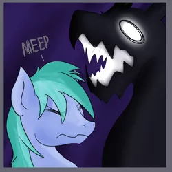 Size: 1024x1024 | Tagged: safe, artist:wulfanite, derpibooru import, oc, oc:mimicry, unofficial characters only, pony, impending doom, meep, monster, night, scrunchy face, shadow