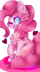 Size: 720x1280 | Tagged: safe, artist:xharmany18, derpibooru import, pinkie pie, pony, cheek fluff, chest fluff, ear fluff, one eye closed, raised hoof, simple background, sitting, solo, transparent background, wink