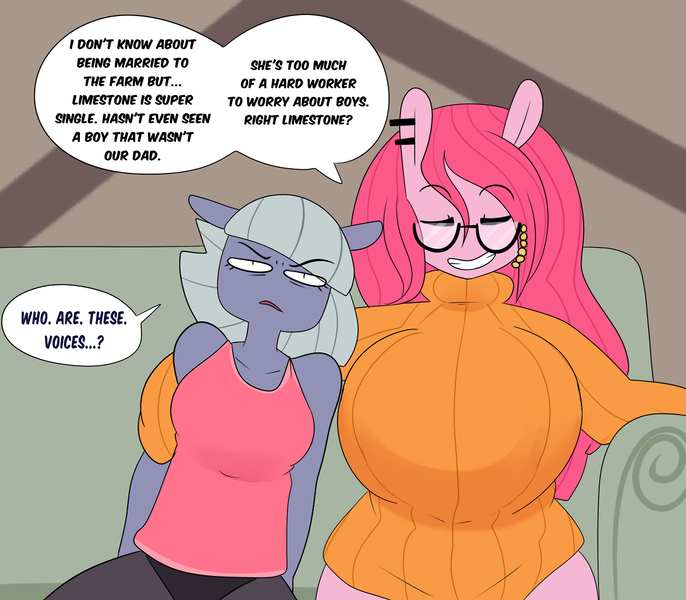 Size: 1280x1120 | Tagged: angry, anthro, artist:somescrub, big breasts, breasts, busty pinkie pie, clothes, derpibooru import, dialogue, ear piercing, eyes closed, fourth wall, glasses, huge breasts, hugtastic pinkie pie, limestone pie, piercing, pinkie pie, sitting, smiling, speech bubble, suggestive, sweater, tanktop, velma dinkley