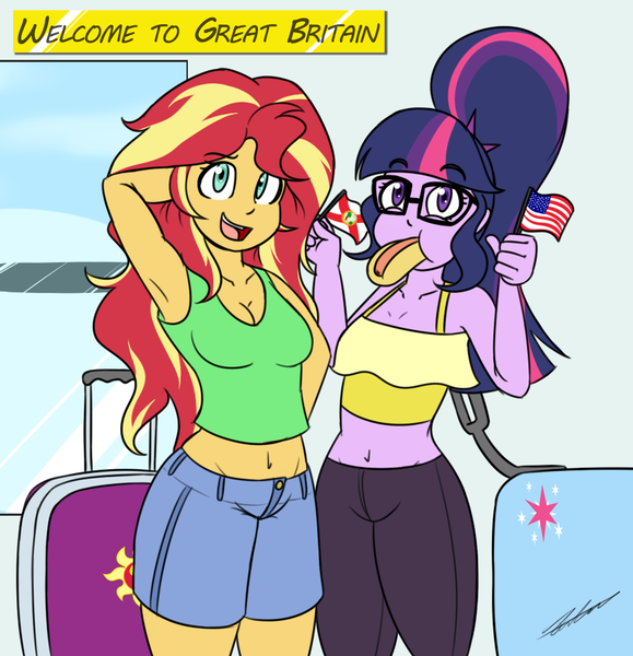Size: 866x898 | Tagged: safe, artist:jase1505, deleted from derpibooru, derpibooru import, sci-twi, sunset shimmer, twilight sparkle, series:sunlight horizons, equestria girls, armpits, belly button, breasts, cleavage, clothes, female, food, glasses, hot dog, lesbian, looking at you, meat, midriff, sausage, scitwishimmer, shipping, smiling, sunsetsparkle, tanktop