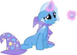 Size: 1024x739 | Tagged: safe, artist:theropodhunter, derpibooru import, trixie, pony, unicorn, cape, clothes, crying, female, floppy ears, gem, hat, levitation, magic, mare, sad, simple background, sitting, solo, telekinesis, transparent background, trixie's cape, trixie's hat, vector, watermark