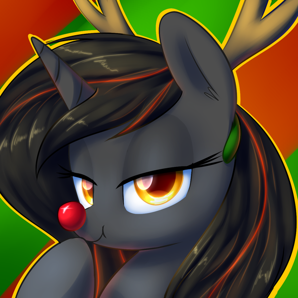 Size: 1280x1280 | Tagged: safe, artist:acersiii, derpibooru import, oc, oc:luminous siren, unofficial characters only, pony, unicorn, :t, abstract background, antlers, christmas, colored pupils, female, holiday, lidded eyes, mare, red nosed reindeer, reindeer antlers, solo