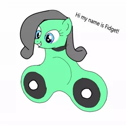 Size: 1024x1024 | Tagged: anonymous artist, derpibooru import, dialogue, fidget spinner, not salmon, object pony, oc, oc:fidget, original species, ponified, safe, simple background, smiling, solo, source needed, unofficial characters only, wat, white background, why, xk-class end-of-the-world scenario