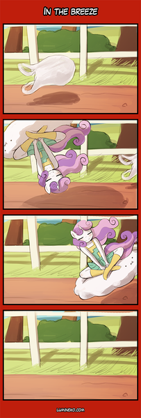 Size: 400x1180 | Tagged: safe, artist:lumineko, derpibooru import, sweetie belle, anthro, unicorn, apple bloomers, 4koma, bag, clothes, comic, crossed legs, dress, eyes closed, female, mare, sitting, smiling, wat, wind, windy