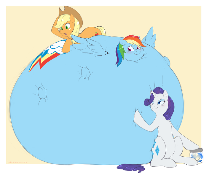 Size: 1280x1089 | Tagged: questionable, artist:redintravenous, derpibooru import, applejack, rainbow dash, rarity, pony, bedroom eyes, belly, belly bed, blushing, grope, impossibly large belly, inflation, jar, poison joke, puffy cheeks, rainblimp dash, simple background, spread wings, squishy, surprised, wings, yellow background