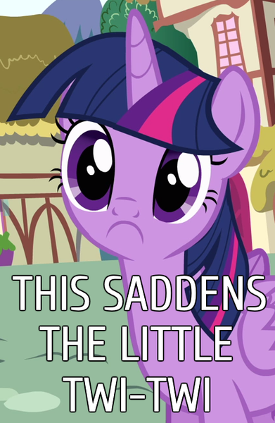 Size: 427x655 | Tagged: safe, derpibooru import, edit, edited screencap, screencap, twilight sparkle, twilight sparkle (alicorn), alicorn, pony, pinkie pride, :c, chubby, cropped, cute, frown, inverted mouth, looking at you, reaction image, sad, solo, text edit, this saddens, twiabetes