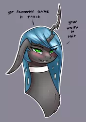 Size: 2480x3507 | Tagged: blushing, bust, changeling, changeling queen, chest fluff, choker, cute, cutealis, derpibooru import, dialogue, female, floppy ears, gray background, grin, i can't believe it's not captainpudgemuffin, lidded eyes, long ears, portrait, queen chrysalis, rude, safe, simple background, smiling, smirk, solo, style emulation, your waifu is shit