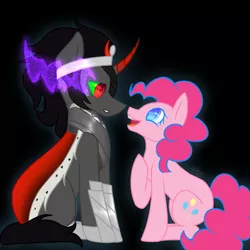 Size: 1800x1800 | Tagged: safe, artist:arcademelisa, derpibooru import, king sombra, pinkie pie, earth pony, pony, unicorn, armor, black background, cape, clothes, colored horn, curved horn, female, heart eyes, horn, male, mare, nervous, shipping, simple background, sitting, sombra eyes, sombra's horn, sombrapie, stallion, straight, wingding eyes