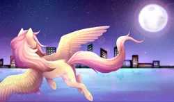 Size: 4169x2455 | Tagged: safe, artist:scarlet-spectrum, derpibooru import, fluttershy, pony, absurd resolution, city, cityscape, female, flying, full moon, looking away, mare, moon, night, reflection, solo, spread wings, stars, underhoof, water, wings