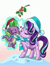 Size: 2718x3507 | Tagged: safe, artist:art-2u, derpibooru import, spike, starlight glimmer, dragon, pony, unicorn, christmas, clothes, cute, duo, eyes closed, gradient background, hat, heart, hearth's warming, holiday, holly, holly mistaken for mistletoe, i can't believe it's not idw, kissing, levitation, love, magic, male, raised hoof, santa hat, scarf, shared clothing, shared scarf, shipping, snow, sparlight, straight, telekinesis, winged spike