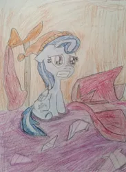 Size: 1024x1397 | Tagged: safe, artist:sketch-leaderboard, derpibooru import, oc, oc:broken glass, unofficial characters only, pegasus, pony, cute, cutie mark, female, filly, hat, oops my bad, solo, traditional art