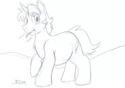 Size: 1000x700 | Tagged: safe, artist:goat train, deleted from derpibooru, derpibooru import, oc, oc:snap feather, unofficial characters only, pony, unicorn, bhm, eating, fat, giant pony, macro, male, monochrome, sketch, stallion