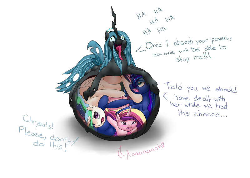 Size: 2345x1675 | Tagged: questionable, artist:hunnter, derpibooru import, princess cadance, princess celestia, princess luna, queen chrysalis, alicorn, changeling, changeling queen, pony, belly, belly bed, changelings eating ponies, derp, female, fetish, impossibly large belly, mare, multiple prey, open mouth, simple background, tongue out, vore, white background, x-ray
