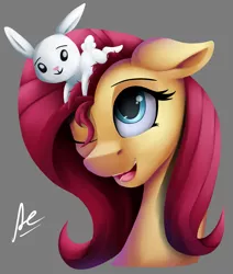 Size: 1171x1378 | Tagged: safe, artist:ac-whiteraven, derpibooru import, angel bunny, fluttershy, pony, bust, cute, duo, female, floppy ears, looking at something, looking up, mare, one eye closed, open mouth, portrait, shyabetes, simple background, smiling