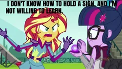 Size: 1920x1080 | Tagged: safe, derpibooru import, edit, edited screencap, screencap, sci-twi, sunset shimmer, twilight sparkle, equestria girls, friendship games, angry, crossing the memes, exploitable meme, image macro, magic capture device, meme, sunset is not willing to learn, sunset yells at twilight, sunset's board